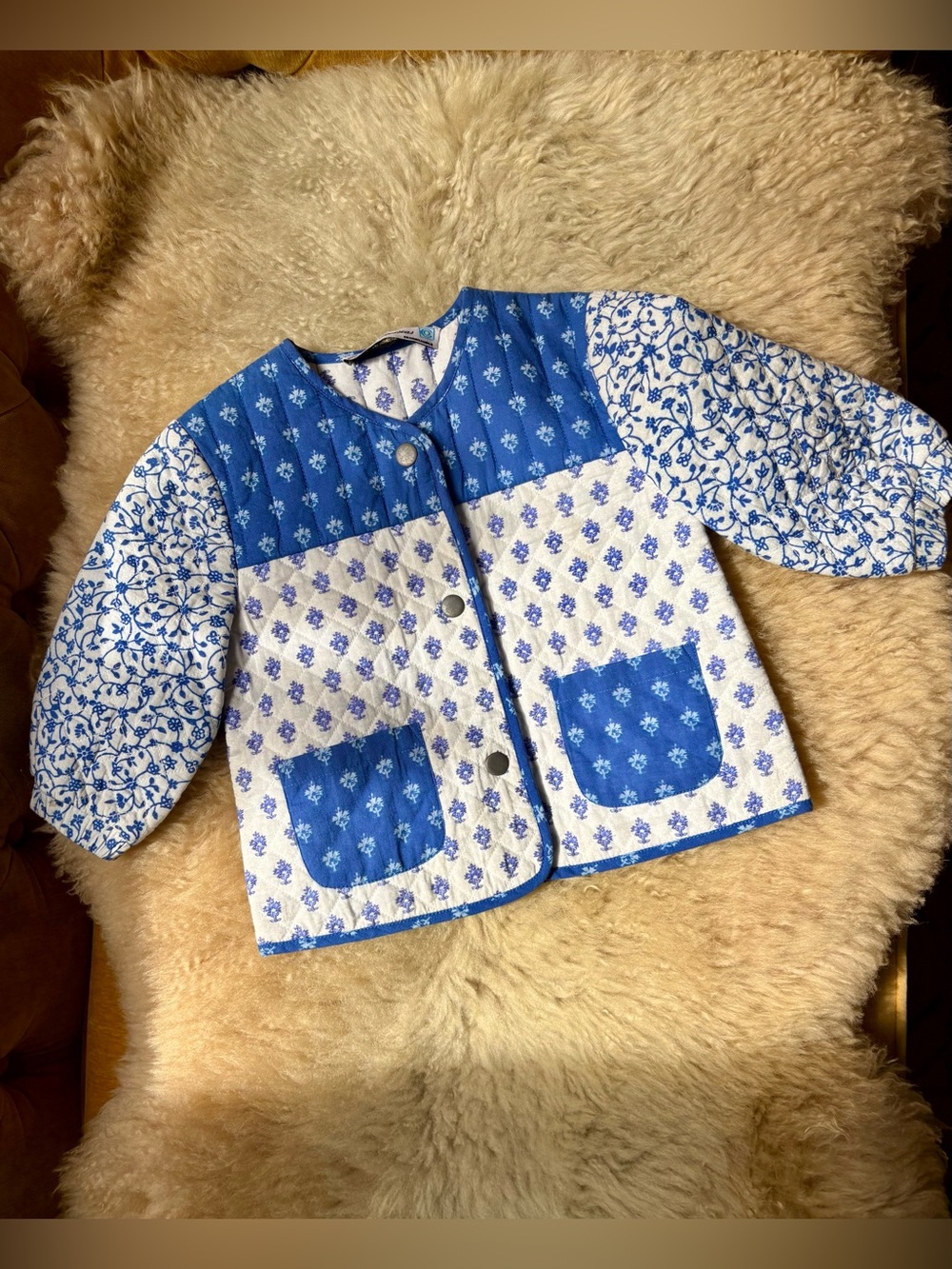 Blue Block Print Floral Quilted Kids Jacket NWOT 2T